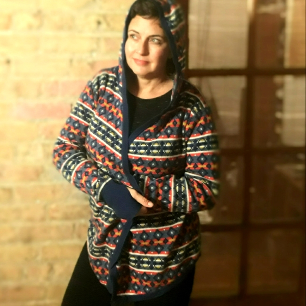 Betabrand Large/XLarge print sweater, blend and orange.